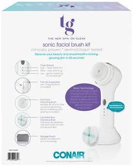 Conair True Glow Sonic Facial Brush Kit, Waterproof and Rechargeable with 2 Brush Heads and Cosmetic Storage Pouch