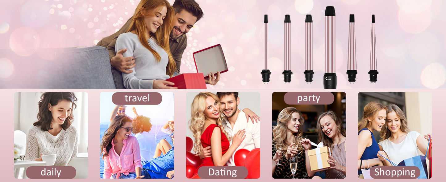 6 in 1 Hair Curler, 3/4 to 1 1/2 inch Ceramic Barrel Wand Curling Iron Set, Auto Off, Dual Voltage Hair Styling Hot Tools