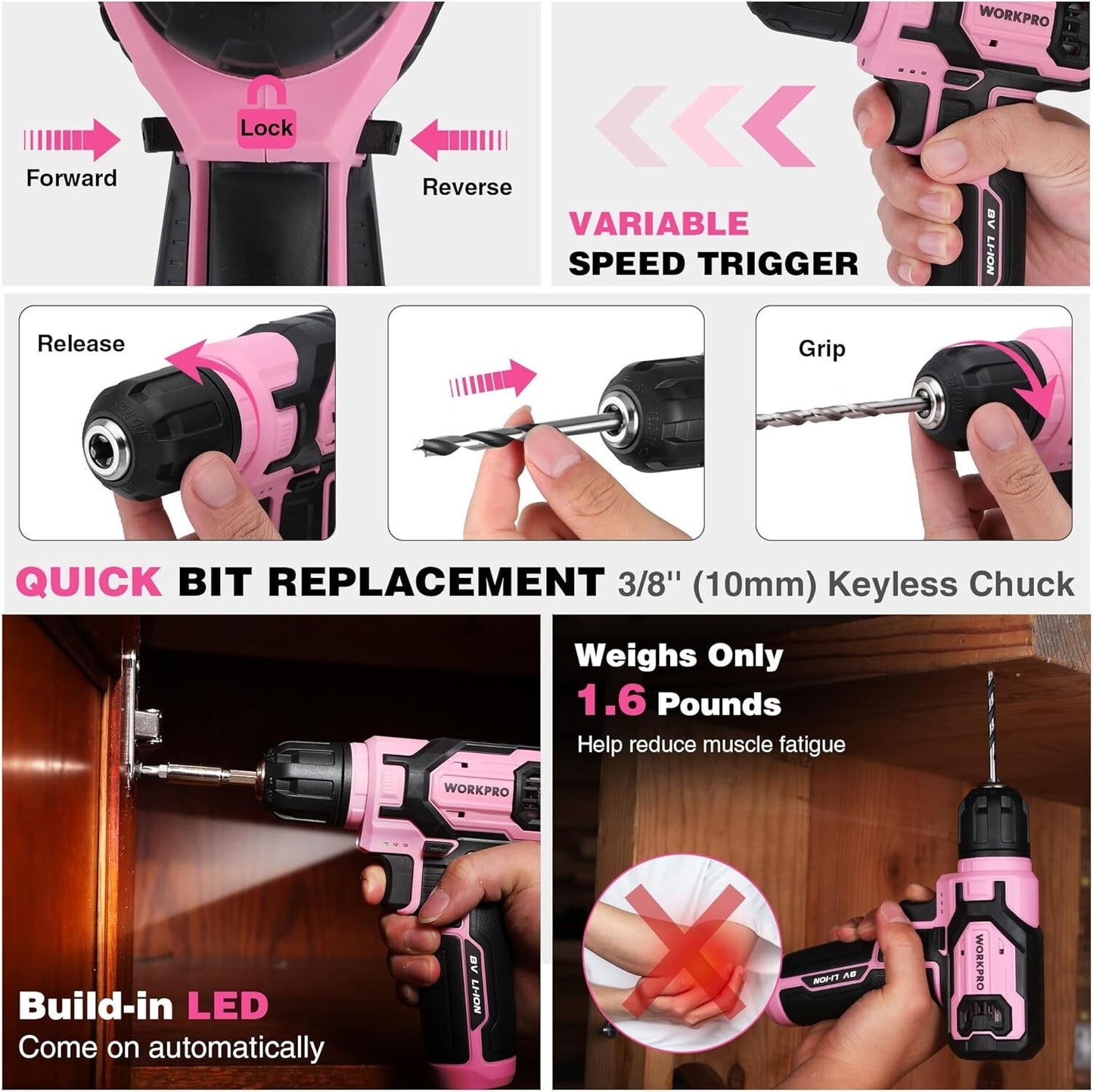 WORKPRO 8V Cordless Power Drill Set Drill Driver 2.0Ah Electric Screwdriver Kits
