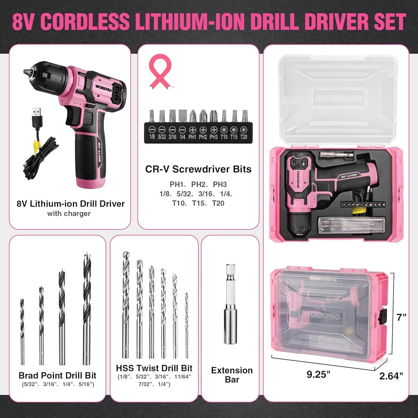 WORKPRO 8V Cordless Power Drill Set Drill Driver 2.0Ah Electric Screwdriver Kits