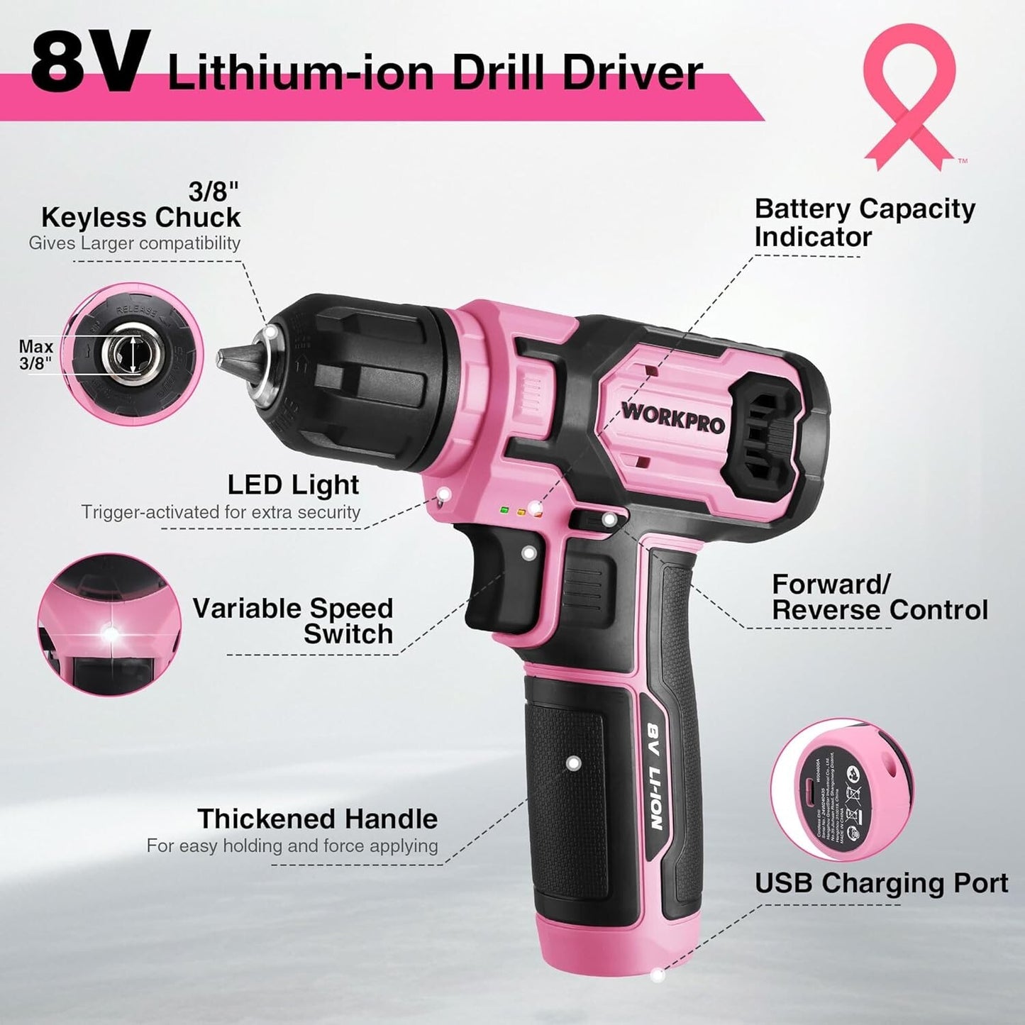 WORKPRO 8V Cordless Power Drill Set Drill Driver 2.0Ah Electric Screwdriver Kits