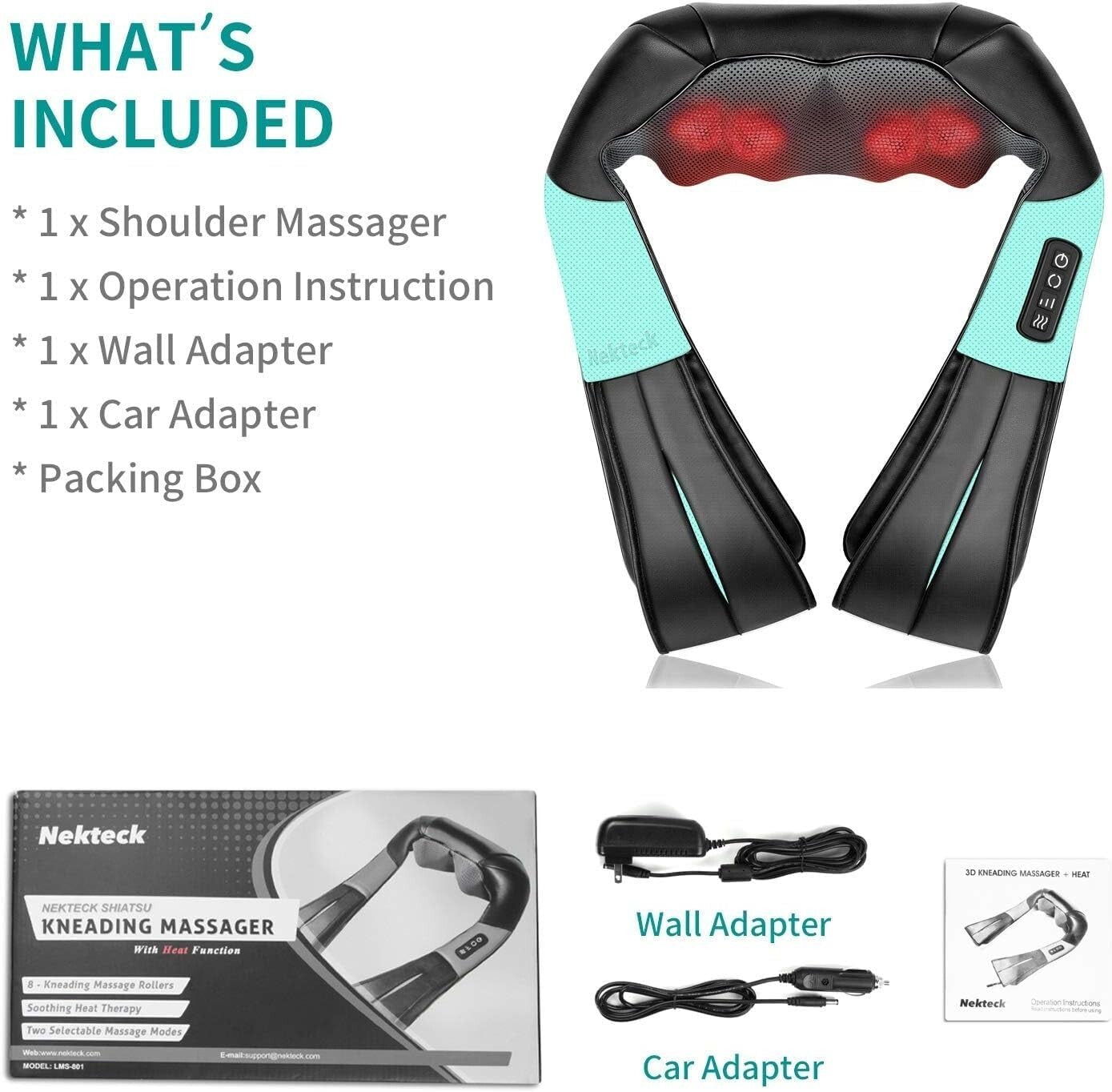 Nekteck Shiatsu Neck and Back Massager with Soothing Heat, Electric Deep Tissue