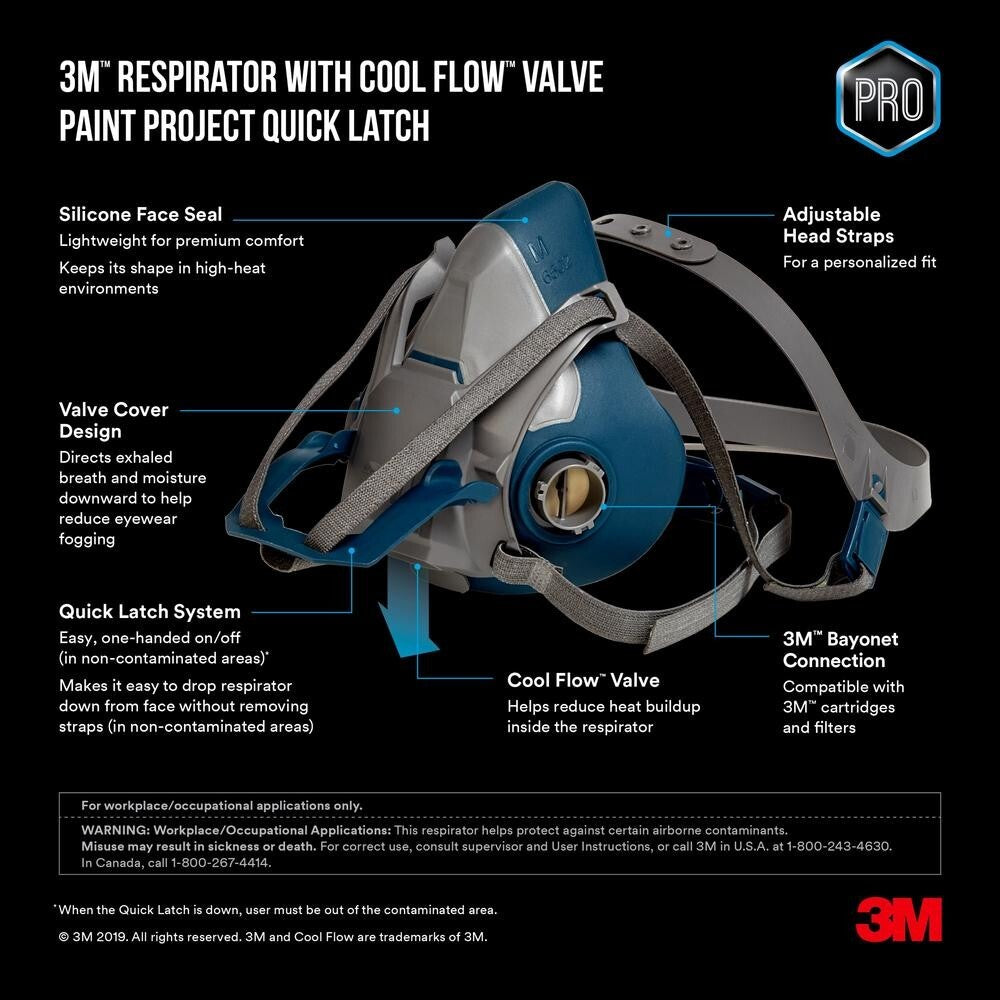 3M Rugged Comfort Quick Latch Half Facepiece Reusable Respirator 6502QL,...