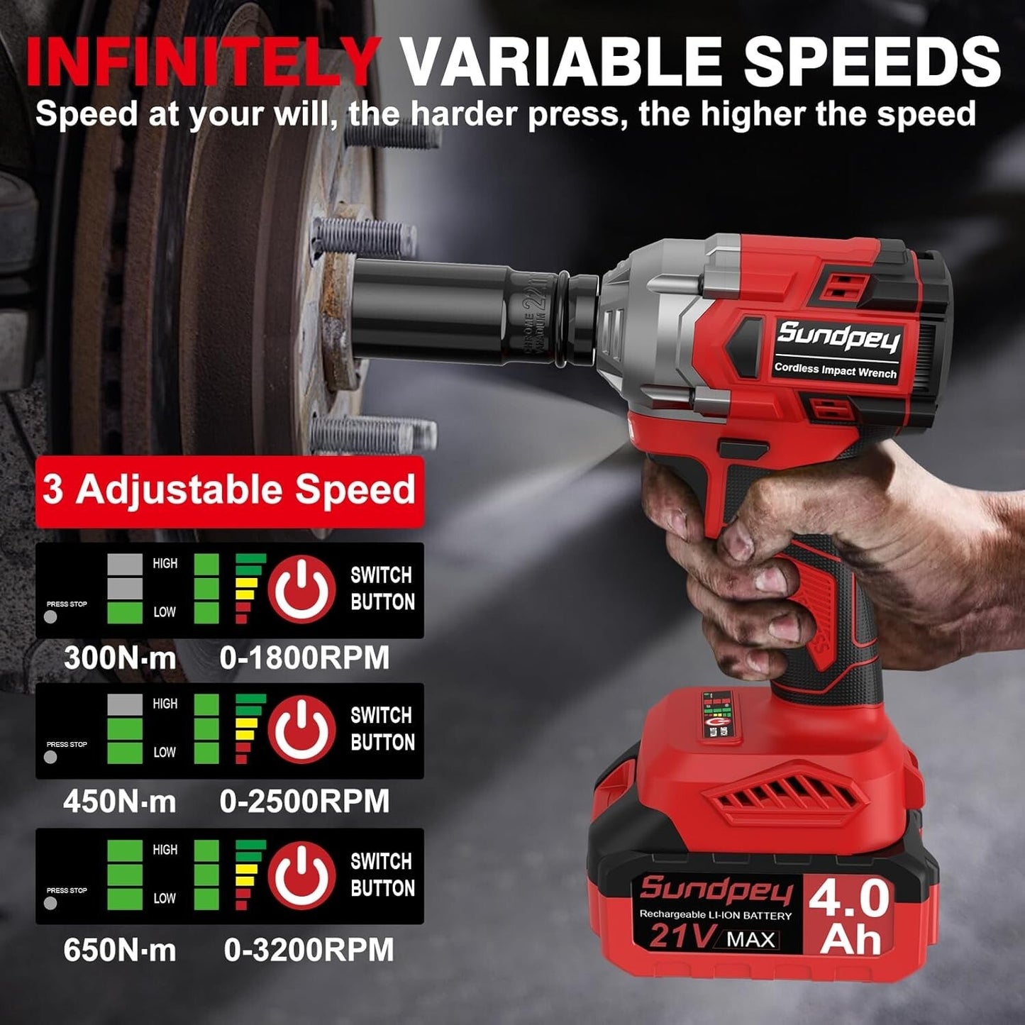 Sundpey 21V Cordless Impact Driver - 1/2 Inch 480Ft-lbs650N·m Brushless Elect...