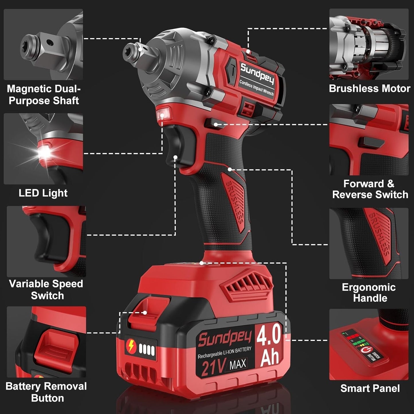 Sundpey 21V Cordless Impact Driver - 1/2 Inch 480Ft-lbs650N·m Brushless Elect...