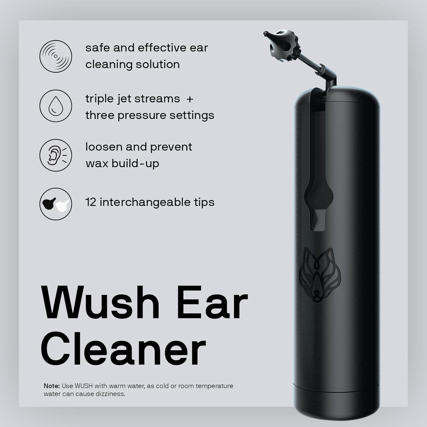 Wush Pro Water Powered Ear Cleaner with 12 Reusable Replacement Tips by Black Wolf - Safe & Effective - Electric Triple Jet Stream with 3 Pressure Settings for Ear Wax Buildup - Ear Wax Removal Kit