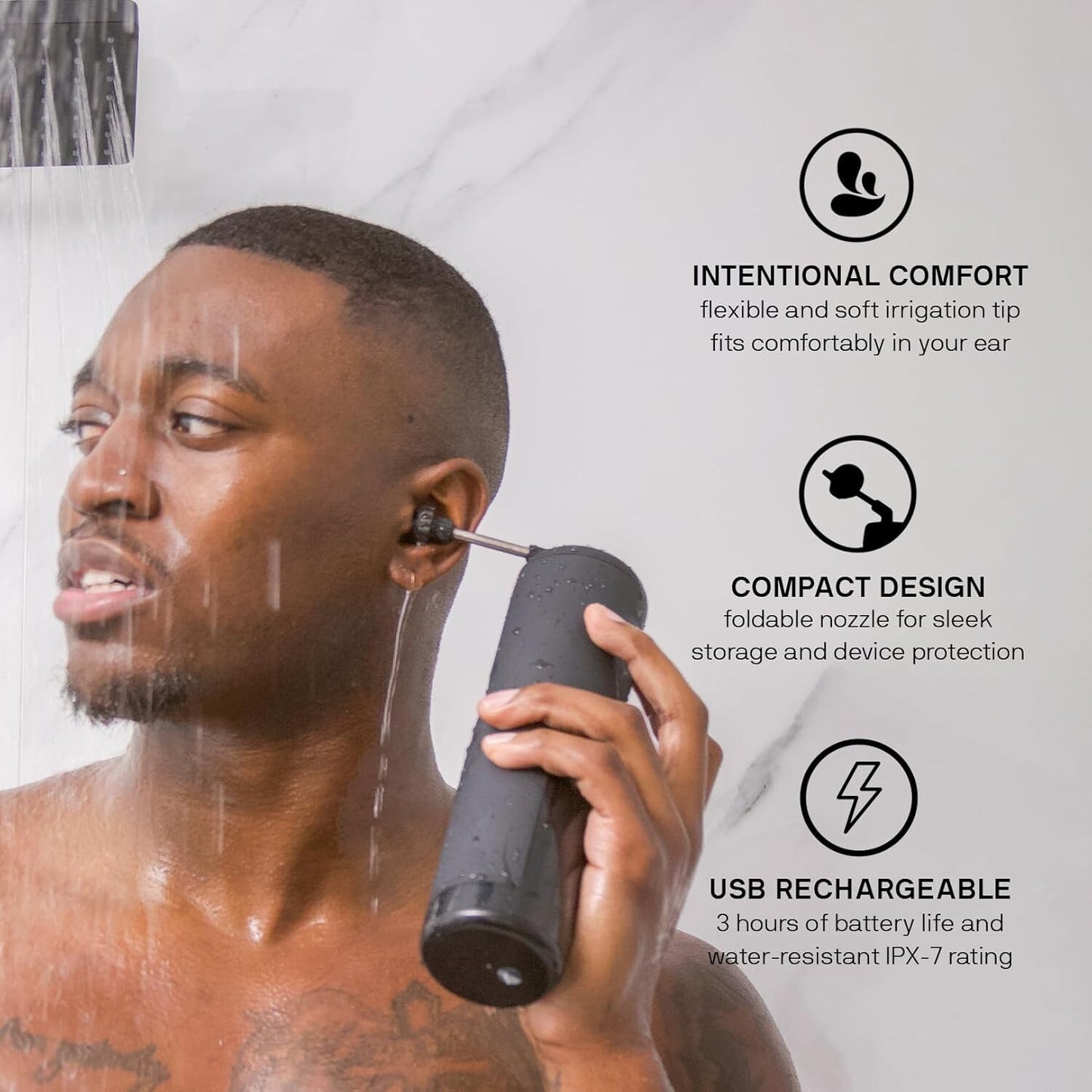 Wush Pro Water Powered Ear Cleaner with 12 Reusable Replacement Tips by Black Wolf - Safe & Effective - Electric Triple Jet Stream with 3 Pressure Settings for Ear Wax Buildup - Ear Wax Removal Kit