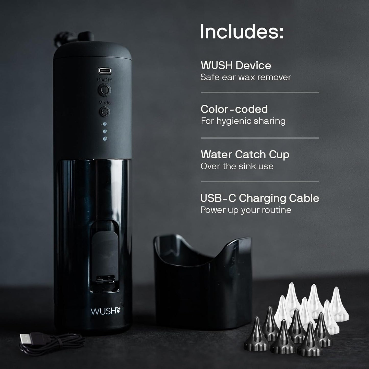 Wush Pro Water Powered Ear Cleaner with 12 Reusable Replacement Tips by Black Wolf - Safe & Effective - Electric Triple Jet Stream with 3 Pressure Settings for Ear Wax Buildup - Ear Wax Removal Kit