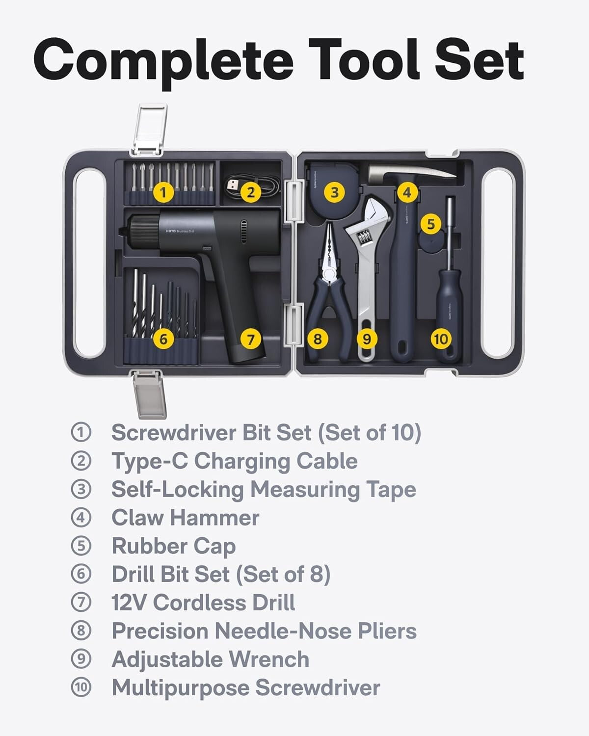 HOTO Cordless Brushless Drill Tool Set, Variable Speed, Hidden Buckle, Unique LE