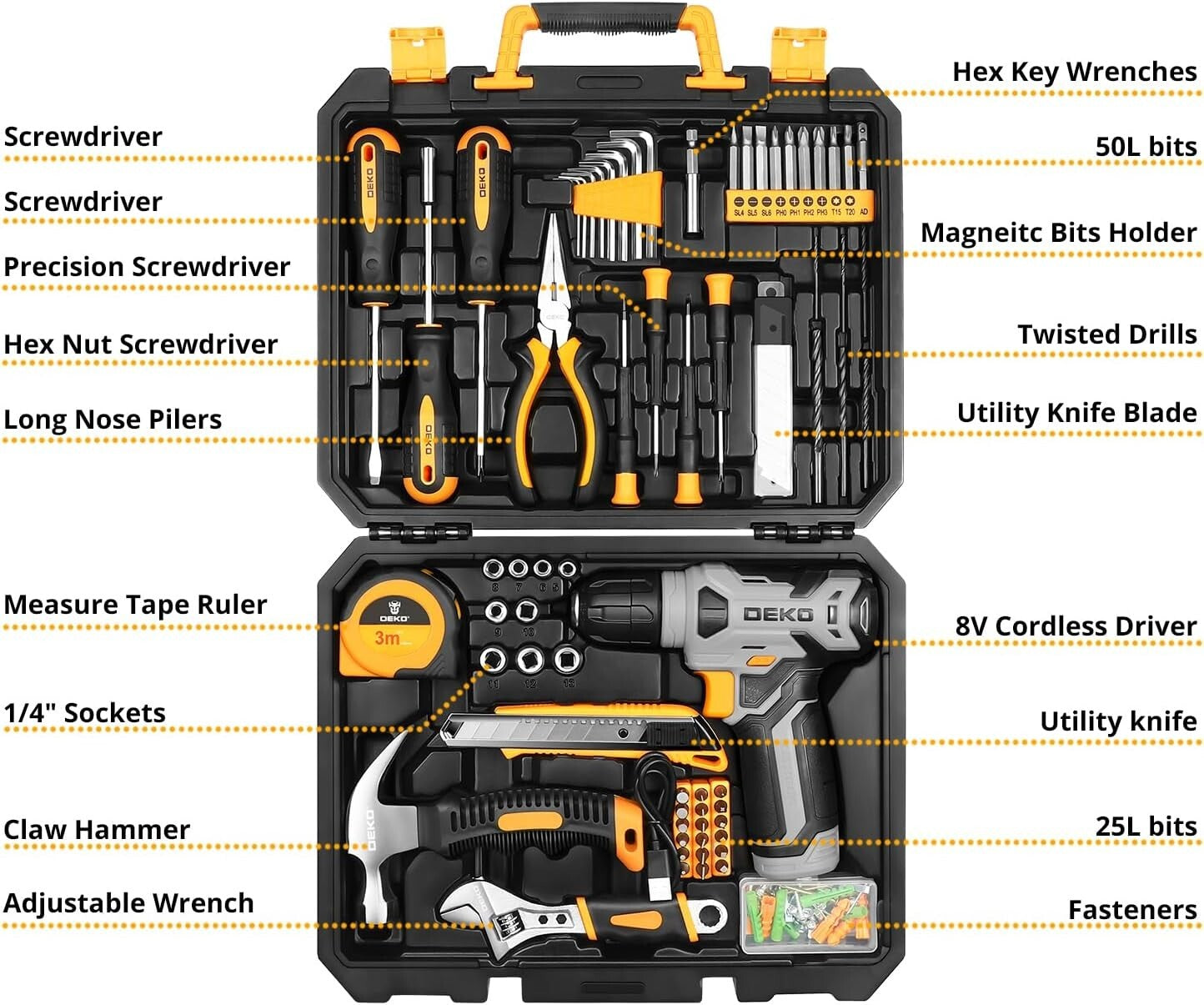 DEKOPRO Drill Bit Set: Tool Set with 8V Yellow Cordless Drill, Home Tool Kit