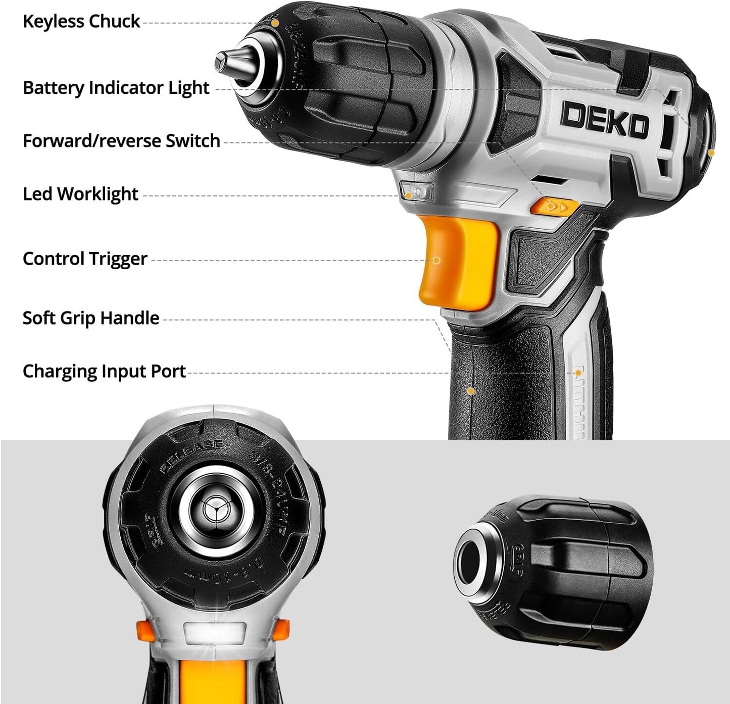 DEKOPRO Drill Bit Set: Tool Set with 8V Yellow Cordless Drill, Home Tool Kit