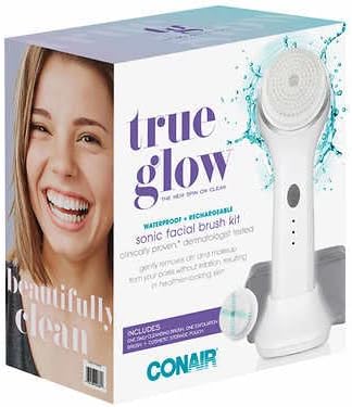 Conair True Glow Sonic Facial Brush Kit, Waterproof and Rechargeable with 2 Brush Heads and Cosmetic Storage Pouch