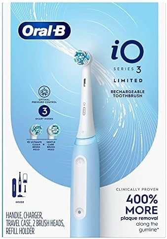 Oral-B iO Series 3 Limited Edition Electric Toothbrush with 2 Brush Heads, Ultimate Clean, Gentle Care, Pressure Sensor, Rechargeable, Blue, with Compatible Microfiber Cleaning Cloth