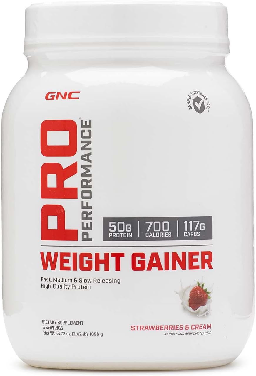 GNC Pro Performance Weight Gainer Protein Powder, 50g Protein, High Calorie, 700 Calories, Supports Mass and Muscle Recovery, MCT, BCAA, 3rd Party Tested, Double Strawberries and Cream, 6 Servings