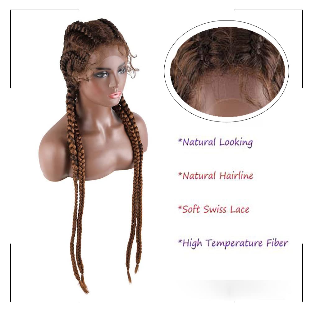 Kalisa Ombre Brown 4 Twist Lace Front Braid Wig Nature Looking with Baby Hair Synthetic Wigs Hand Tied Heat Resistant Fiber 4 Braided Daily Wear Wigs for Women 30 Inches