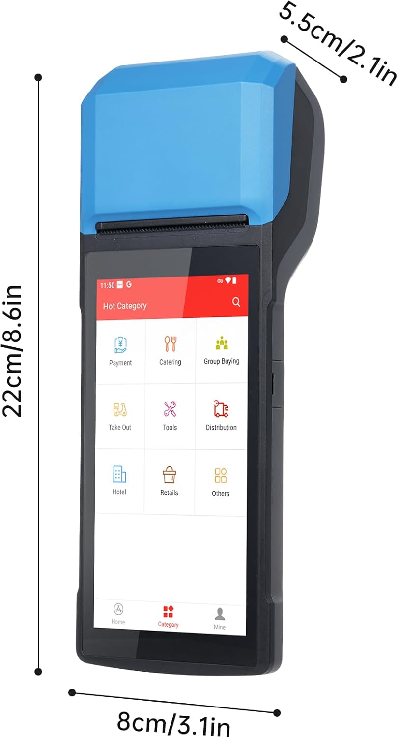 Bisofice 4G Handheld PDA POS Android 13.0 Receipt Printer 2GB+16GB, Camera 5M, 1D 2D Barcode Scanner, Wifi/Gps/BT/4G Full Network Connection, 5" Touchscreen 58mm Width Thermal Label Printing
