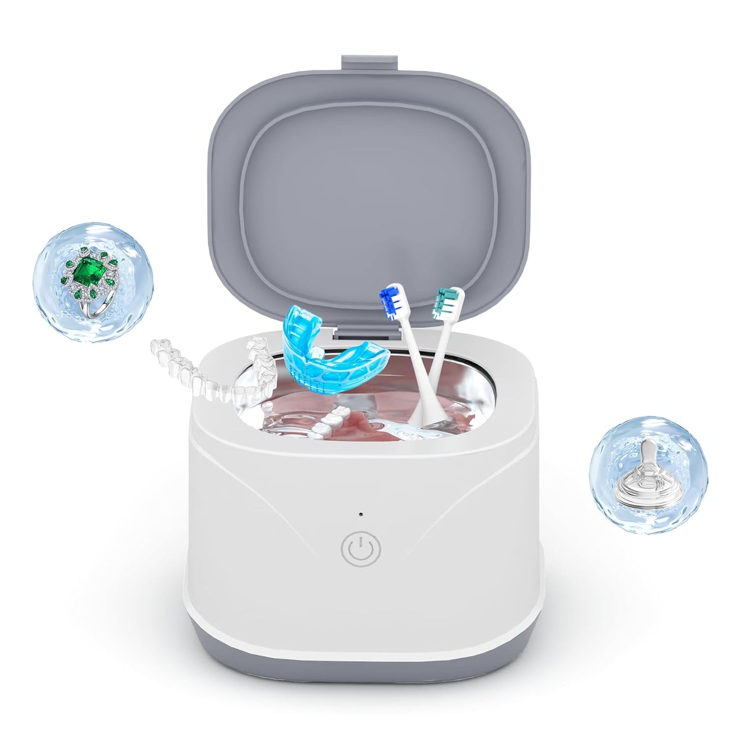 Ultrasonic Retainer Cleaner, Portable Dentures Cleaner Machine with 7.5OZ 46KHz, ATCKIT Dental Cleaner for Mouth Guard, Braces, Aligner, Jewelry, Earring, White