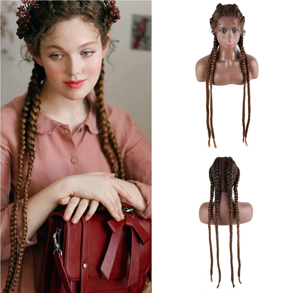 Kalisa Ombre Brown 4 Twist Lace Front Braid Wig Nature Looking with Baby Hair Synthetic Wigs Hand Tied Heat Resistant Fiber 4 Braided Daily Wear Wigs for Women 30 Inches