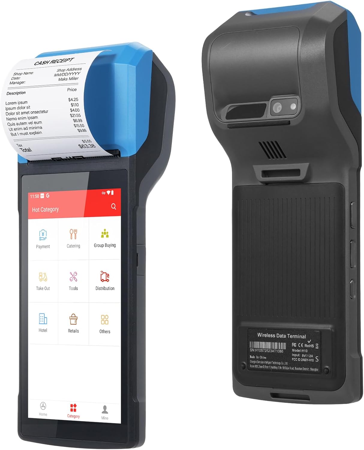 Bisofice 4G Handheld PDA POS Android 13.0 Receipt Printer 2GB+16GB, Camera 5M, 1D 2D Barcode Scanner, Wifi/Gps/BT/4G Full Network Connection, 5" Touchscreen 58mm Width Thermal Label Printing