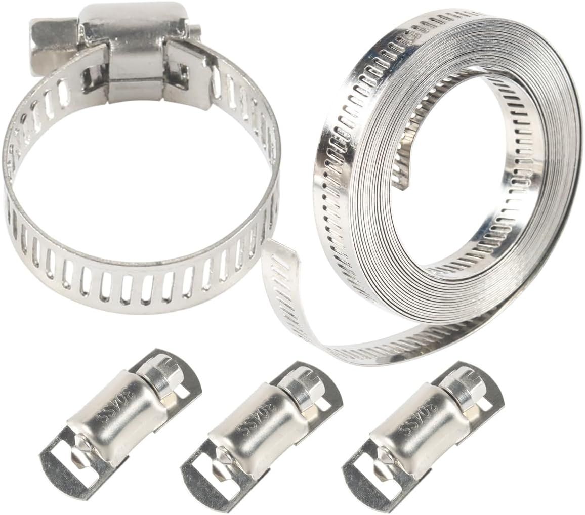 10PCS 304 Stainless Steel Worm Gear Hose Clamps 13-19MM+Cut-To-Fit 11.5 FT Metal Strap Large Adjustable Band Duct Pipe Metal Clamp Strapping+10 Fasteners +2Wrench