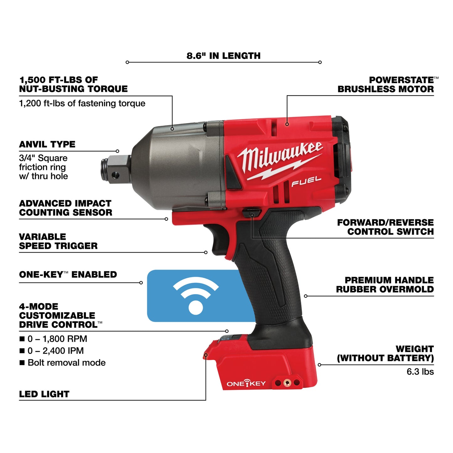 Milwaukee M18 FUEL Cordless High Torque Impact Wrench with ONE-KEY and Friction Ring, Tool Only, 3/4in. Drive, 1500 Ft./Lbs. Torque, Model# 2864-20