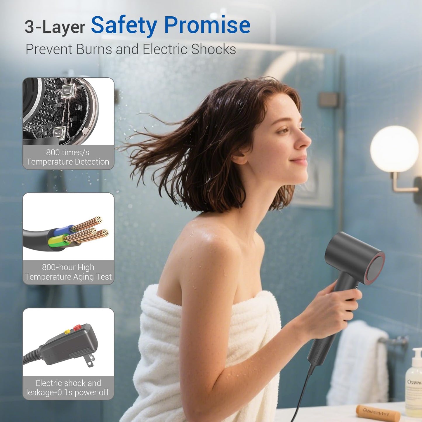 Hair Dryer with 110K RPM High Speed 1400w Motor for 1-4min Fast Dry, 49db Low Noise & 0.86lb Lightweight,2 Billion Plasma & Smart Thermo Control & Strong Magnetic Nozzle Diffuser (Darkgray)