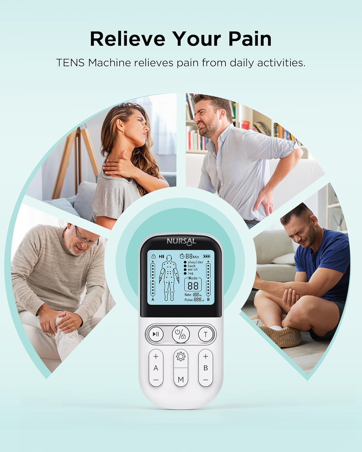 NURSAL Dual Channel 3-in-1 TENS Unit Muscle Stimulator, EVA Travel Case Electronic Pulse Massager, 24 Modes TENS EMS Machine