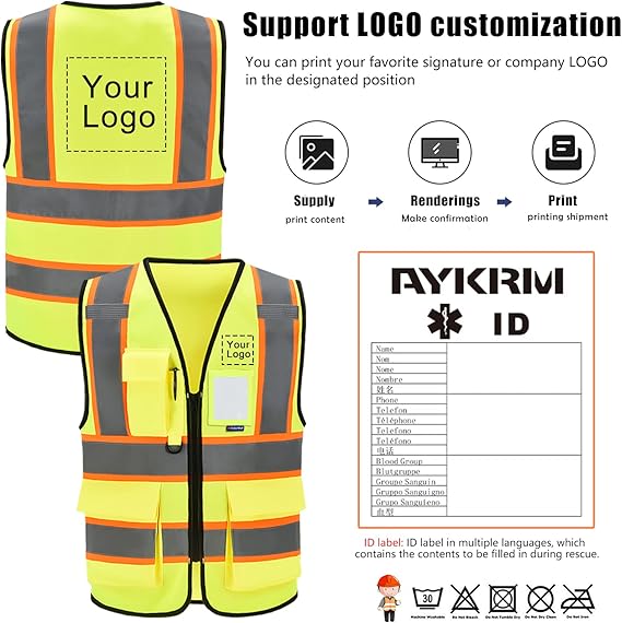AYKRM 11 color High Vis Reflective Safety Vest for Women Men Security Pocket Zipper Size 2XL