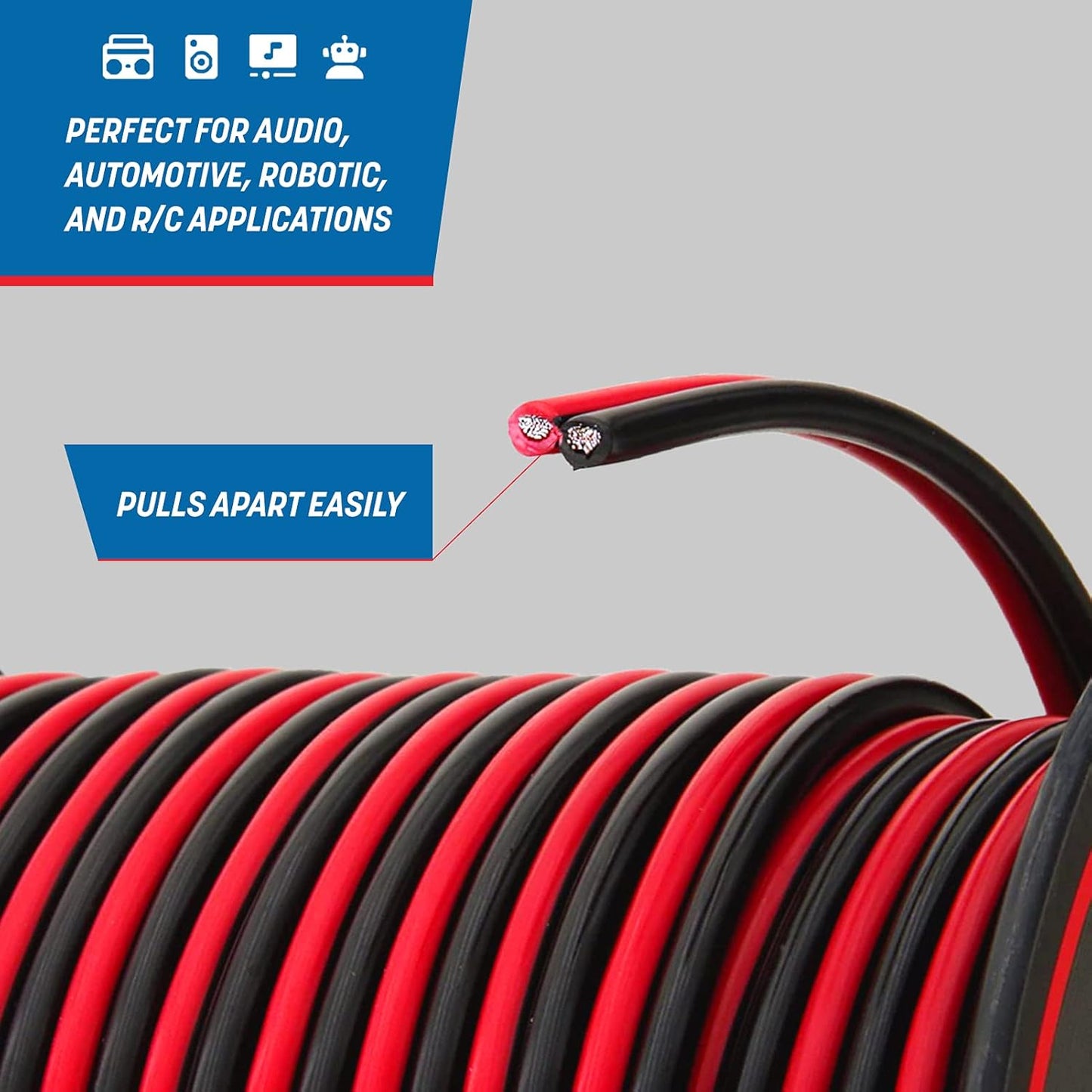 GS Power 16 Gauge Wire (16 AWG) - 100 Foot, Pure Copper, Stranded Electrical Wiring for Speaker, Automotive, Trailer, Stereo and Home Theater Applications - Red/Black