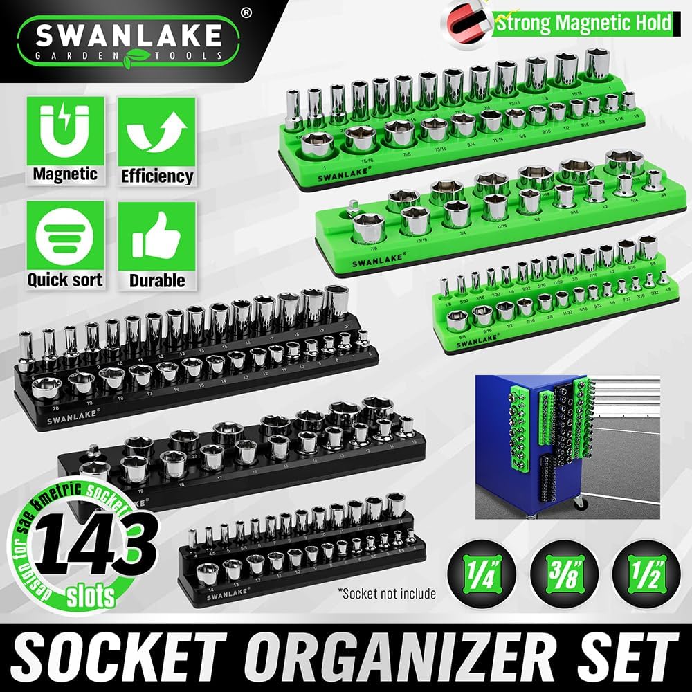 Magnetic Socket Organizer Set, 6-piece 1/4", 3/8", 1/2" SAE & Metric Socket Holder, Drive Socket Trays, Storage Tool Box, Holding 143 Slots, Soft Rubber Covering Black Green Tools