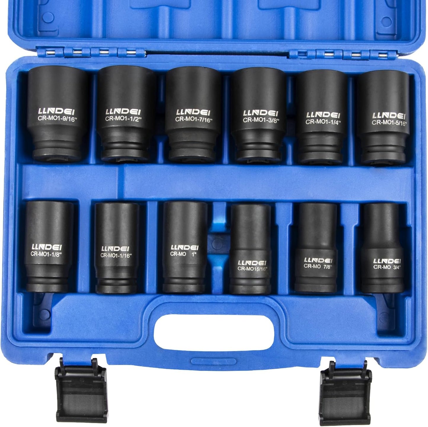 LLNDEI 3/4 inch Drive Impact Socket Set, 12 Piece Heavy Duty CR-MO Deep/Jumbo Sockets 6 Point Design, SAE 3/4" to 1-9/16", for Large Vehicle and Apparatus Maintenance