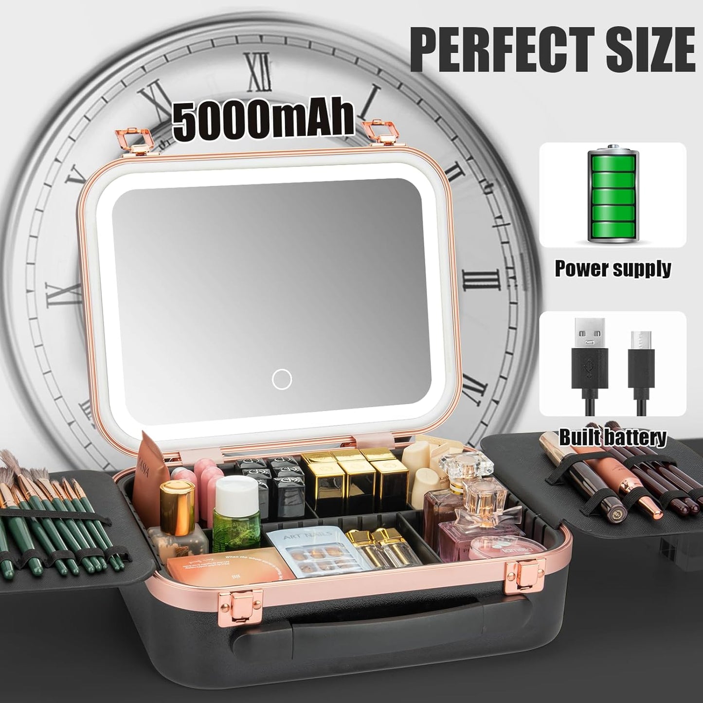 Travel Makeup Train Case With LED Lights, 3 Brightness Adjustable Portable Makeup Organizer, Professional Adjustable Divider Storage Waterproof Makeup Train Case Accessories and Toolboxes