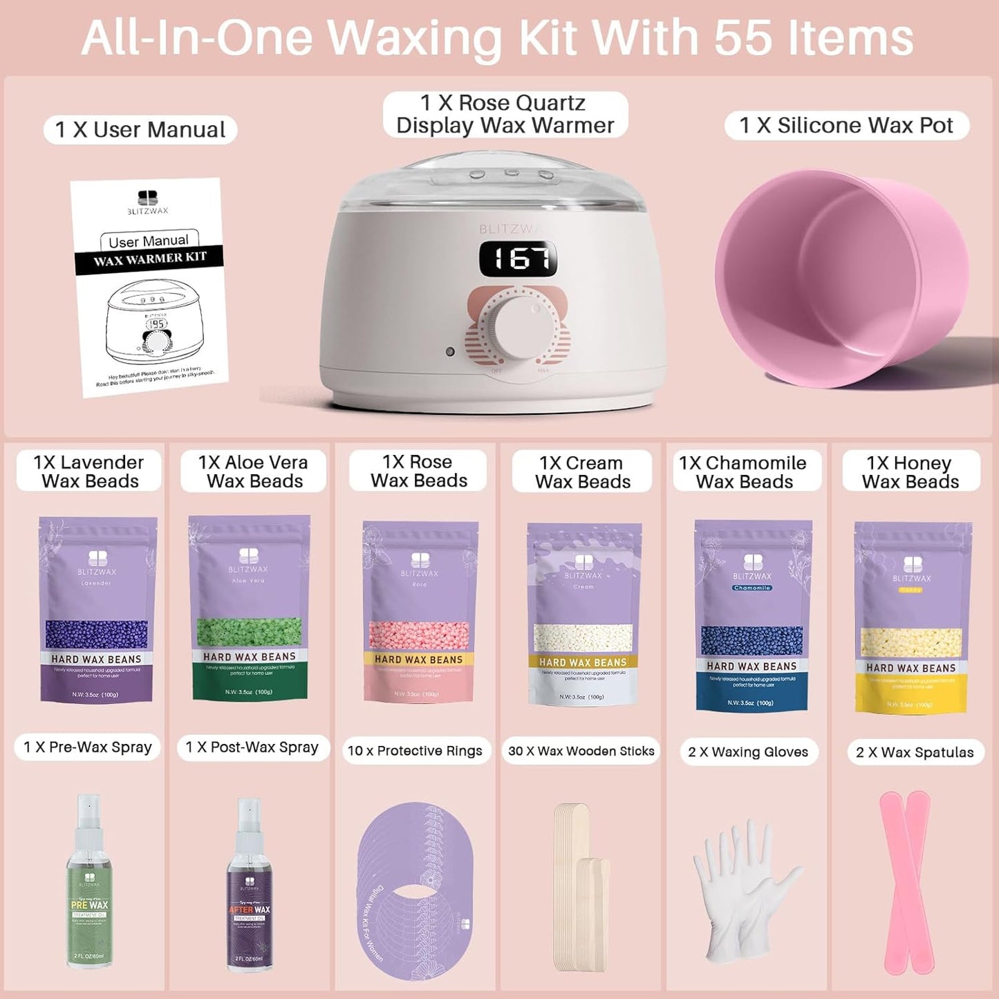 BLITZWAX Brazilian and Bikini Waxing Kit for Women, Hard Wax Warmer for Face, Legs, and Body, At Home Hair Removal Kit, Beginner Friendly, Quick Heating, 6 Packs Wax Beads