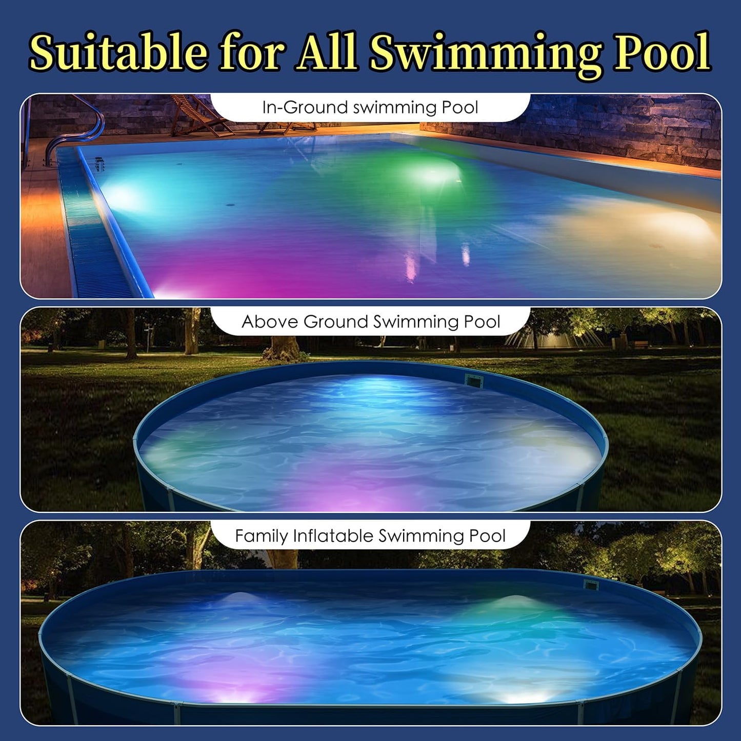 Yichuke Pool Lights for Above Ground Pools IP68, Upgraded Waterproof Pool Light for Inground Under Water with Remote (200ft), 4 Magnets, 4 Suction Cups and 16 RGB Dynamic Color