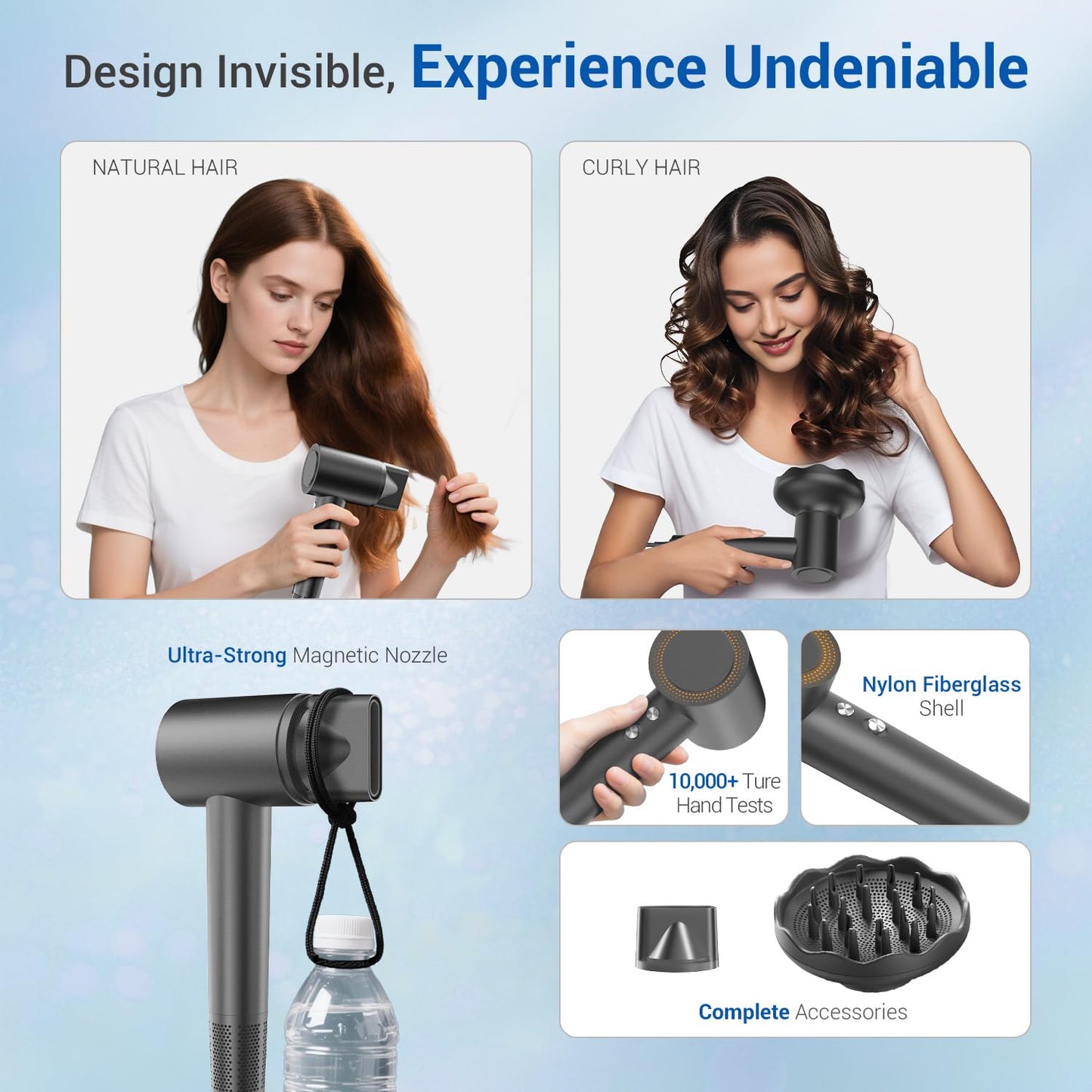 Hair Dryer with 110K RPM High Speed 1400w Motor for 1-4min Fast Dry, 49db Low Noise & 0.86lb Lightweight,2 Billion Plasma & Smart Thermo Control & Strong Magnetic Nozzle Diffuser (Darkgray)