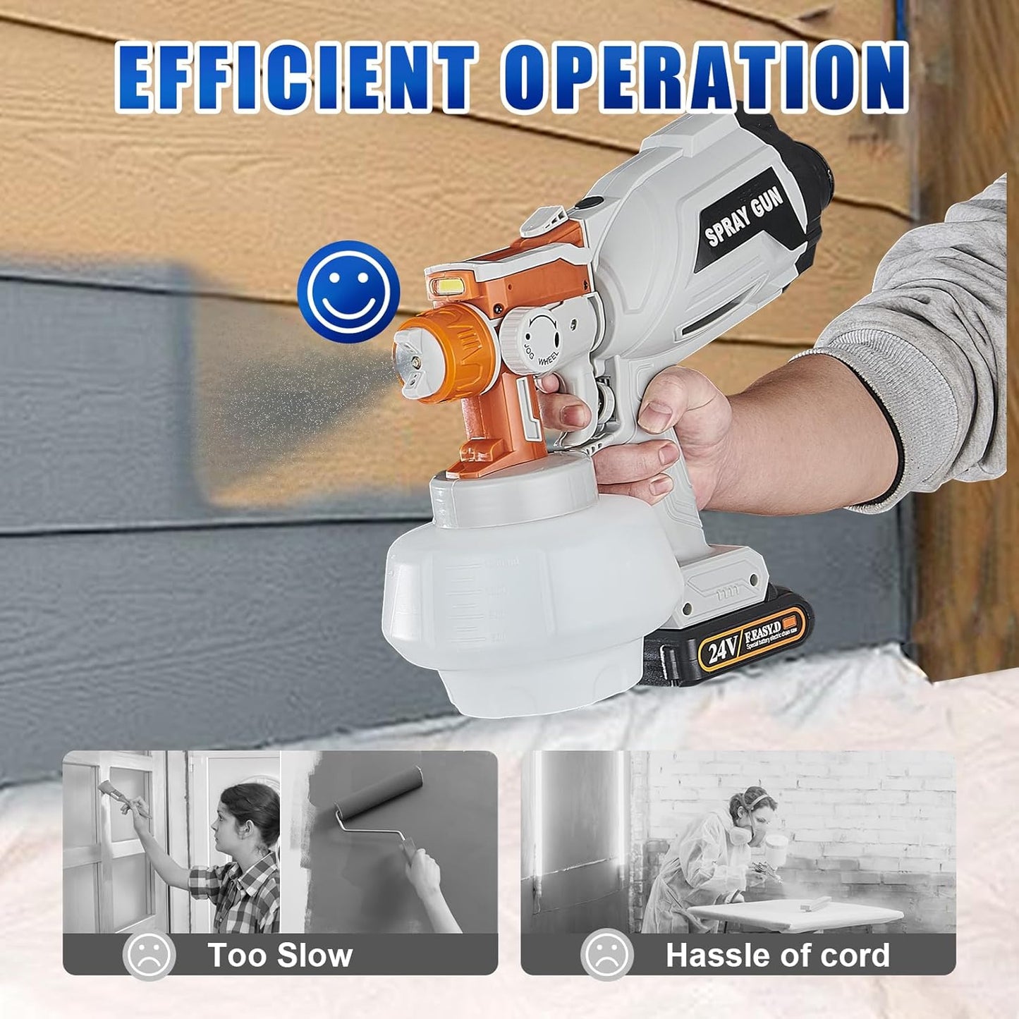 Cordless Paint Sprayer with 24V 2.0Ah Batteries, HVLP Paint Sprayer Gun with 800ml Container,600W High Power Paint Sprayer for Furniture, Cabinets, Fence, Walls, Door, Garden Chairs