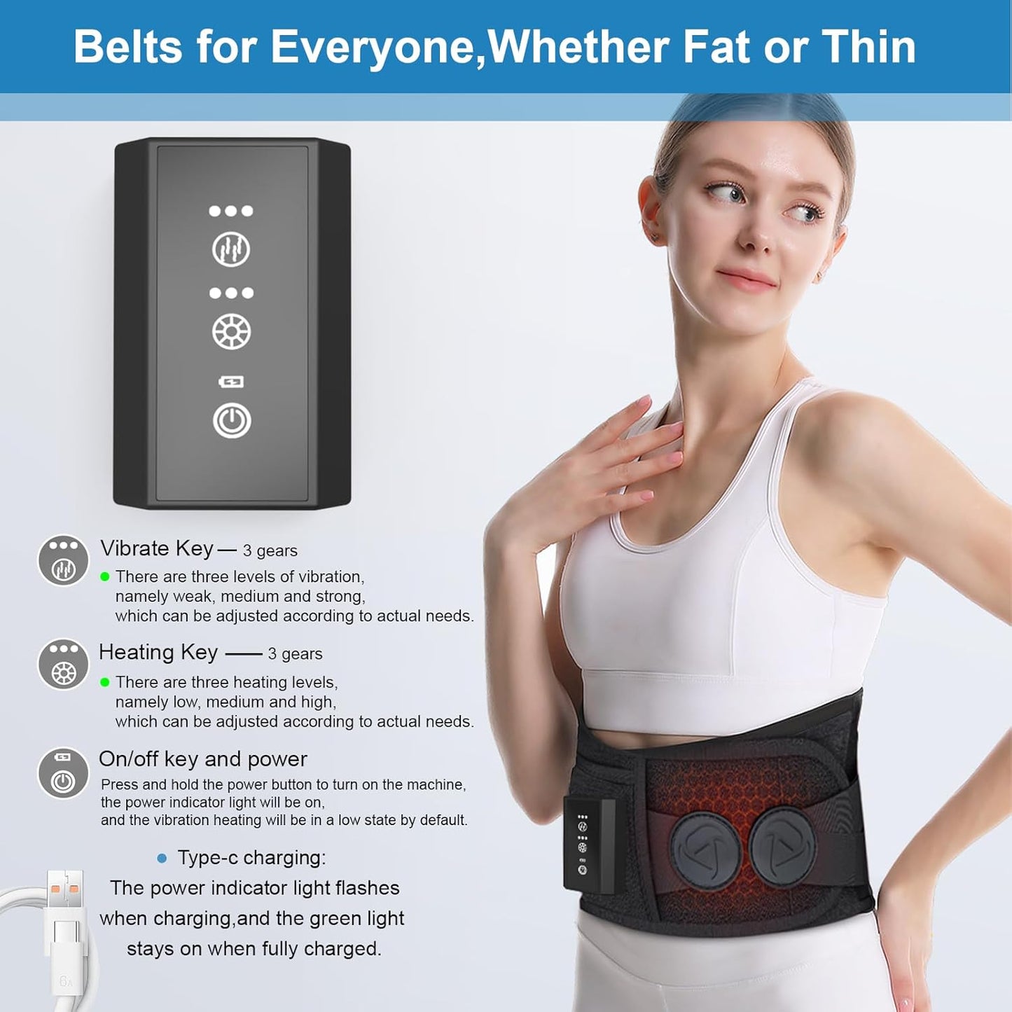 Cordless Heating Pad with Massager for Back Pain Relief, Portable Lower Back Massager Wearable Heating Pads, Blue