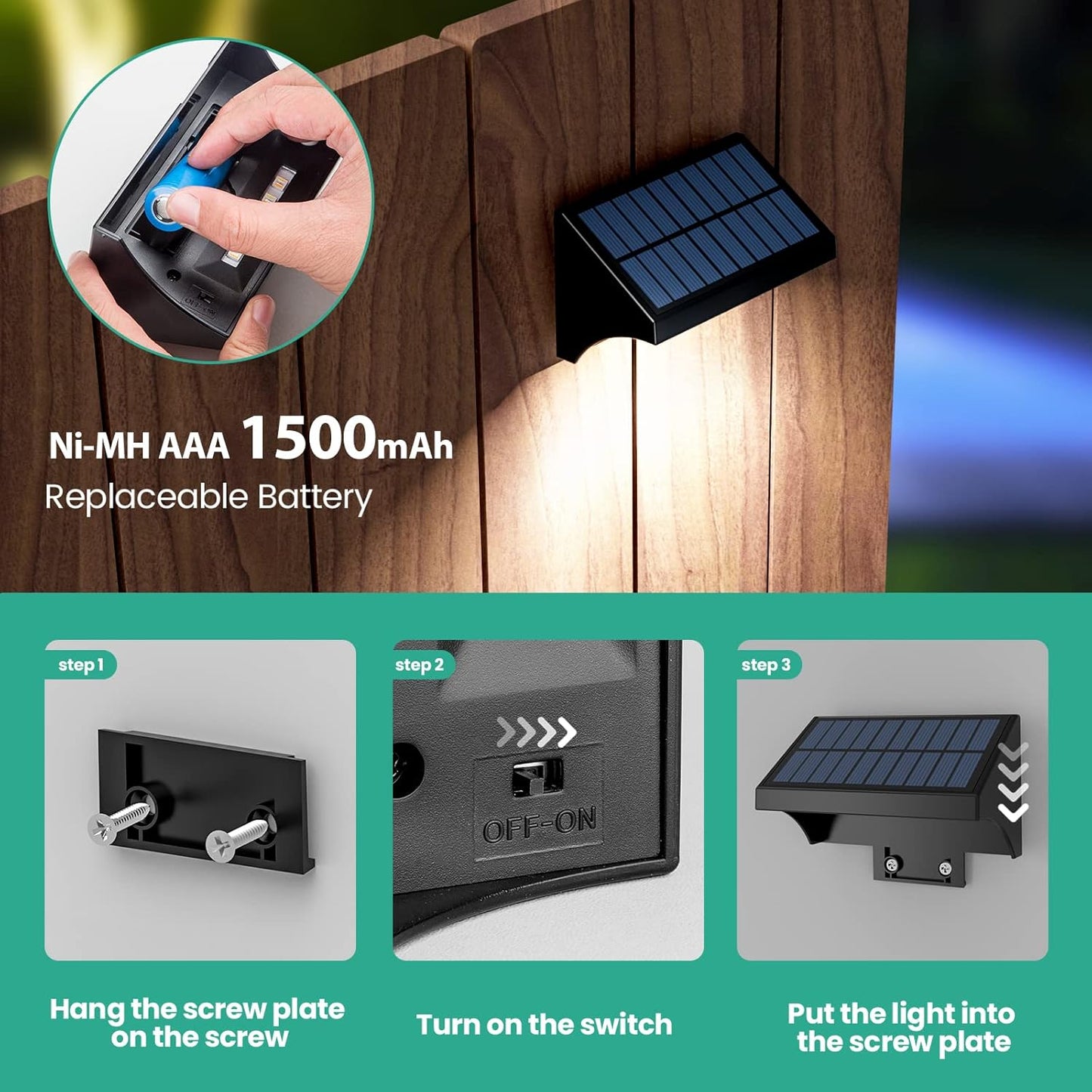 APONUO Solar Fence Lights, Fence Lights with Warm White, Cool White and RGB, LED Lights for Fence, Solar Lights Outdoor Waterproof for Patio, Yard, Garden, Pool, Deck Railing, Wall, Step (6Pack)