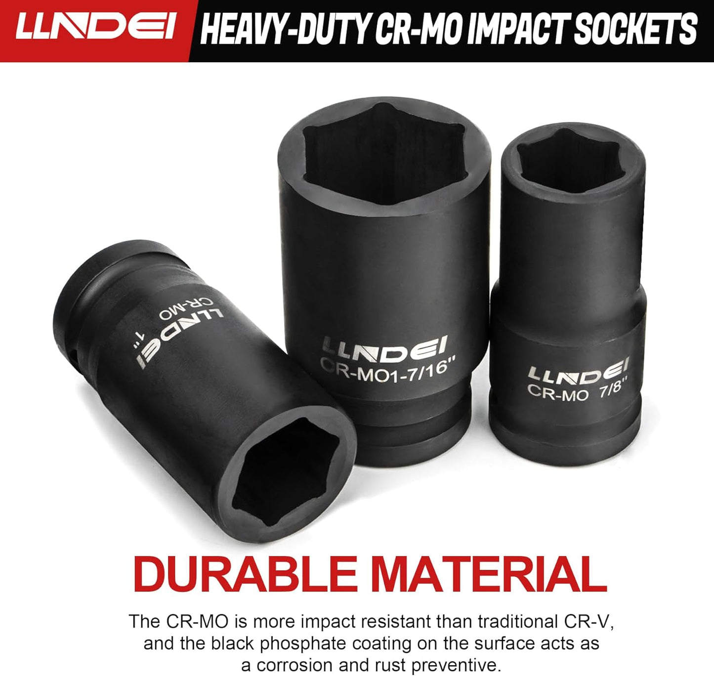 LLNDEI 3/4 inch Drive Impact Socket Set, 12 Piece Heavy Duty CR-MO Deep/Jumbo Sockets 6 Point Design, SAE 3/4" to 1-9/16", for Large Vehicle and Apparatus Maintenance