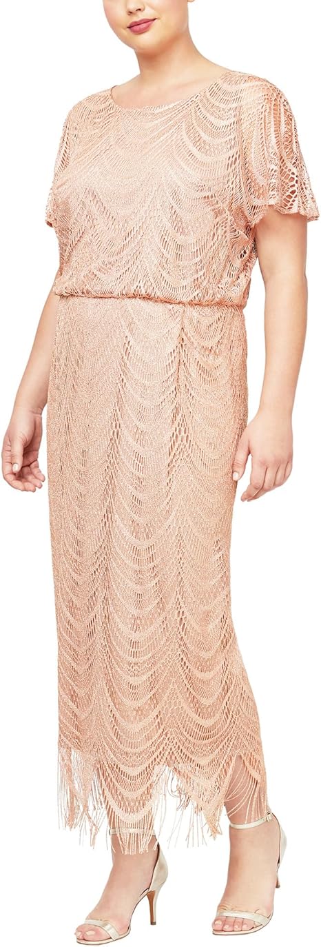 S.L. Fashions Women's Plus Size Metallic Blouson Crochet Dress Size 14W