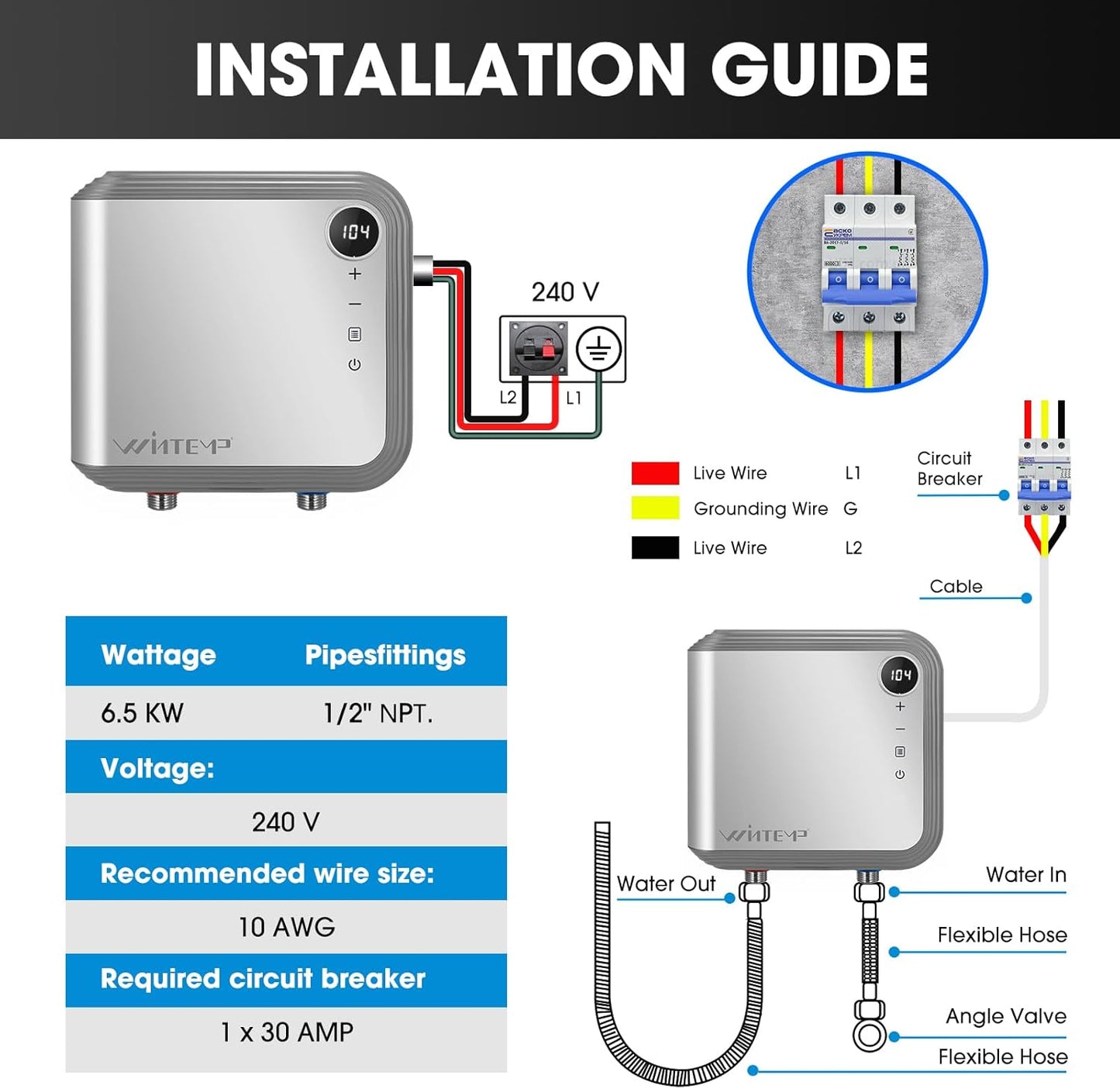 Tankless Water Heater Electric 3.5KW 110~120V, Designed to Provide Hot Water on Demand Without the Need for a Storage Tank, Use a Self - Adjusting Rotatable Digital Display Silver ETL