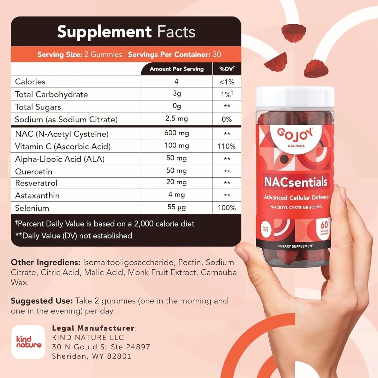 GOJOY 7-in-1 Sugar-Free NAC Gummies – NACsentials 600mg N-Acetyl Cysteine with Vitamin C, ALA, Quercetin & Astaxanthin – Antioxidant & Liver Detox Support – Vegan & Keto-Friendly – 60 Gummies