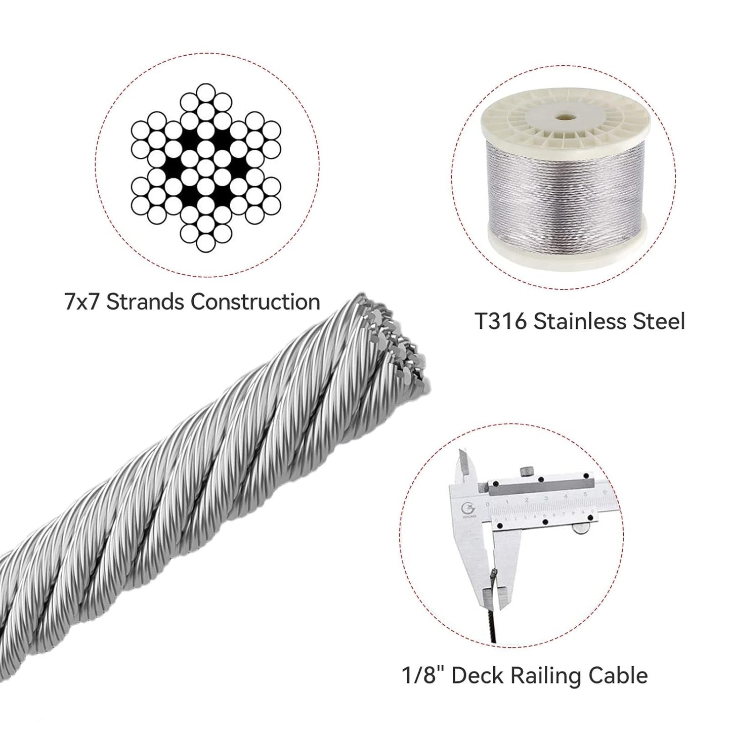 1/8 Stainless Steel Cable with Cutter7x7 Strands Construction,T316 Stainless Steel for Deck Railing,Porch Fence,String Lights Hanging Wire 600FT
