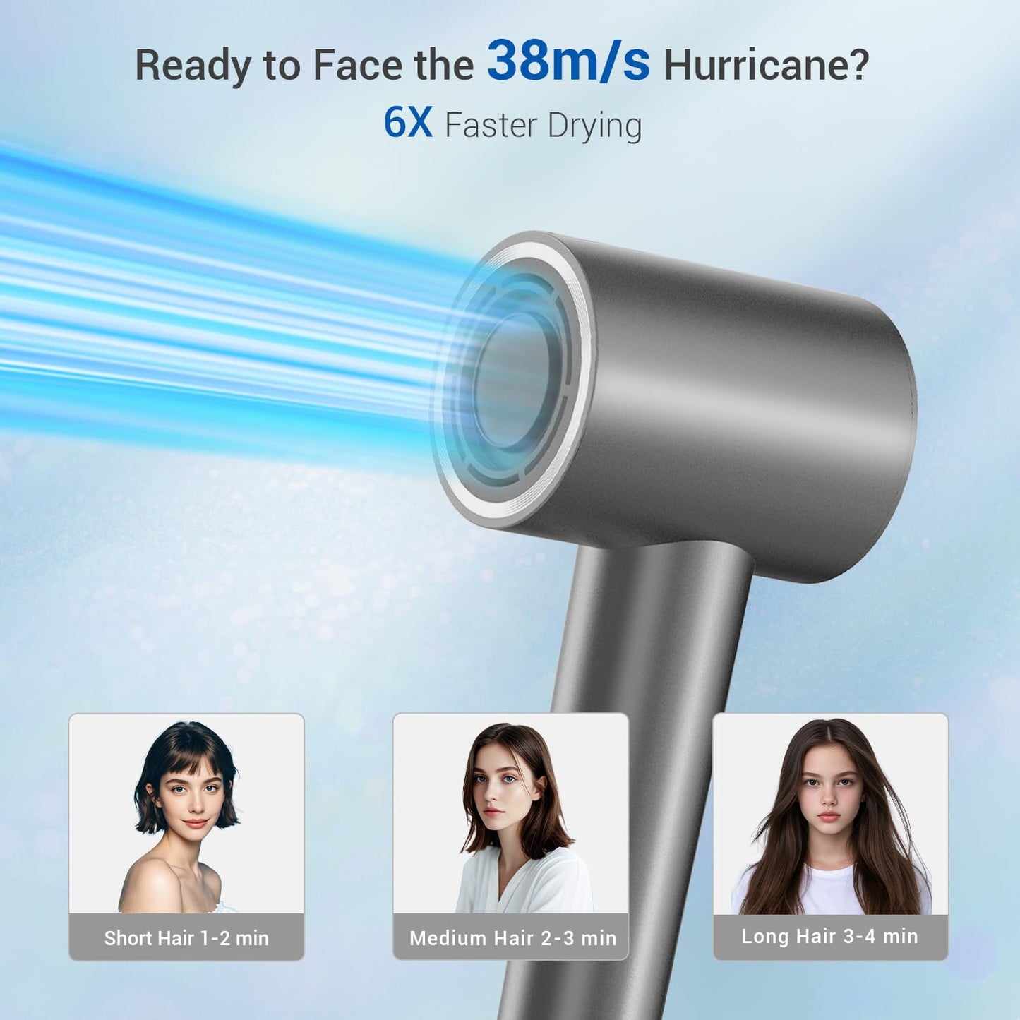 Hair Dryer with 110K RPM High Speed 1400w Motor for 1-4min Fast Dry, 49db Low Noise & 0.86lb Lightweight,2 Billion Plasma & Smart Thermo Control & Strong Magnetic Nozzle Diffuser (Darkgray)