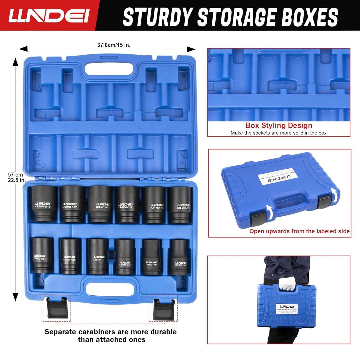 LLNDEI 3/4 inch Drive Impact Socket Set, 12 Piece Heavy Duty CR-MO Deep/Jumbo Sockets 6 Point Design, SAE 3/4" to 1-9/16", for Large Vehicle and Apparatus Maintenance