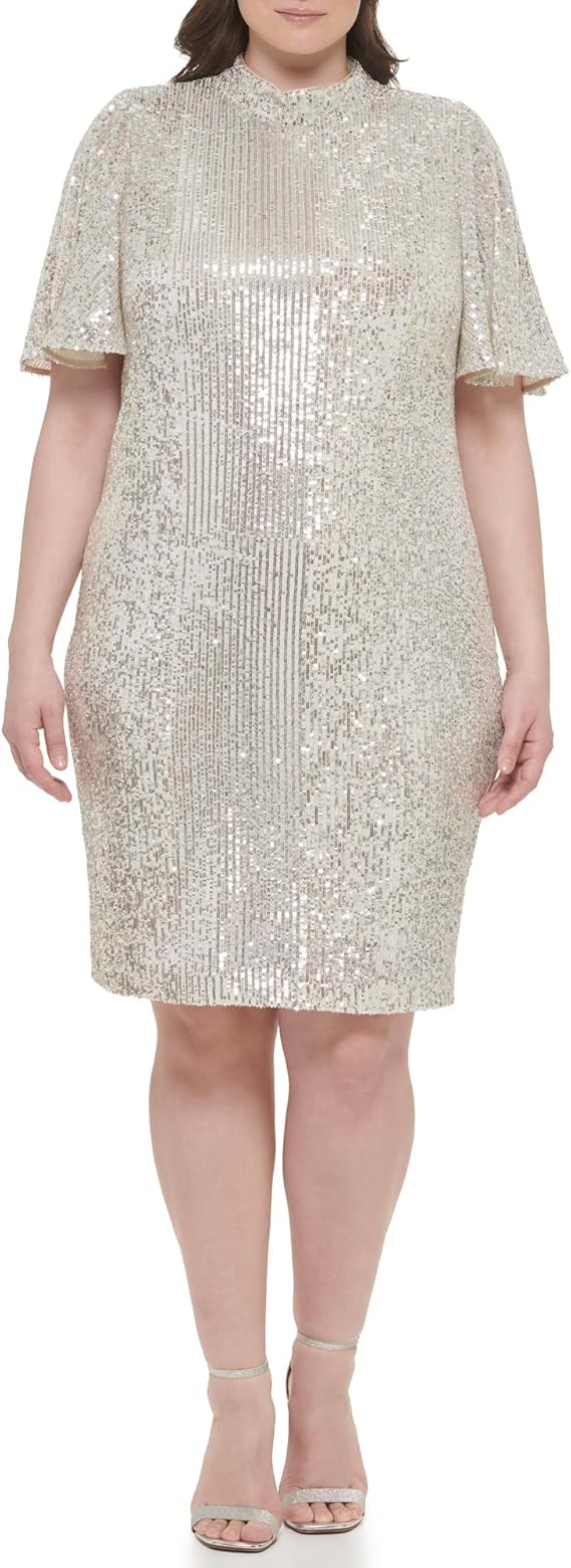 Eliza J Women's Style Sequin Sheath Flutter Sleeve Mock Neck Dress Size 14