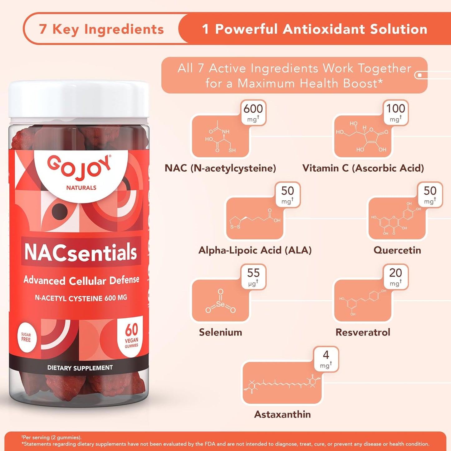 GOJOY 7-in-1 Sugar-Free NAC Gummies – NACsentials 600mg N-Acetyl Cysteine with Vitamin C, ALA, Quercetin & Astaxanthin – Antioxidant & Liver Detox Support – Vegan & Keto-Friendly – 60 Gummies