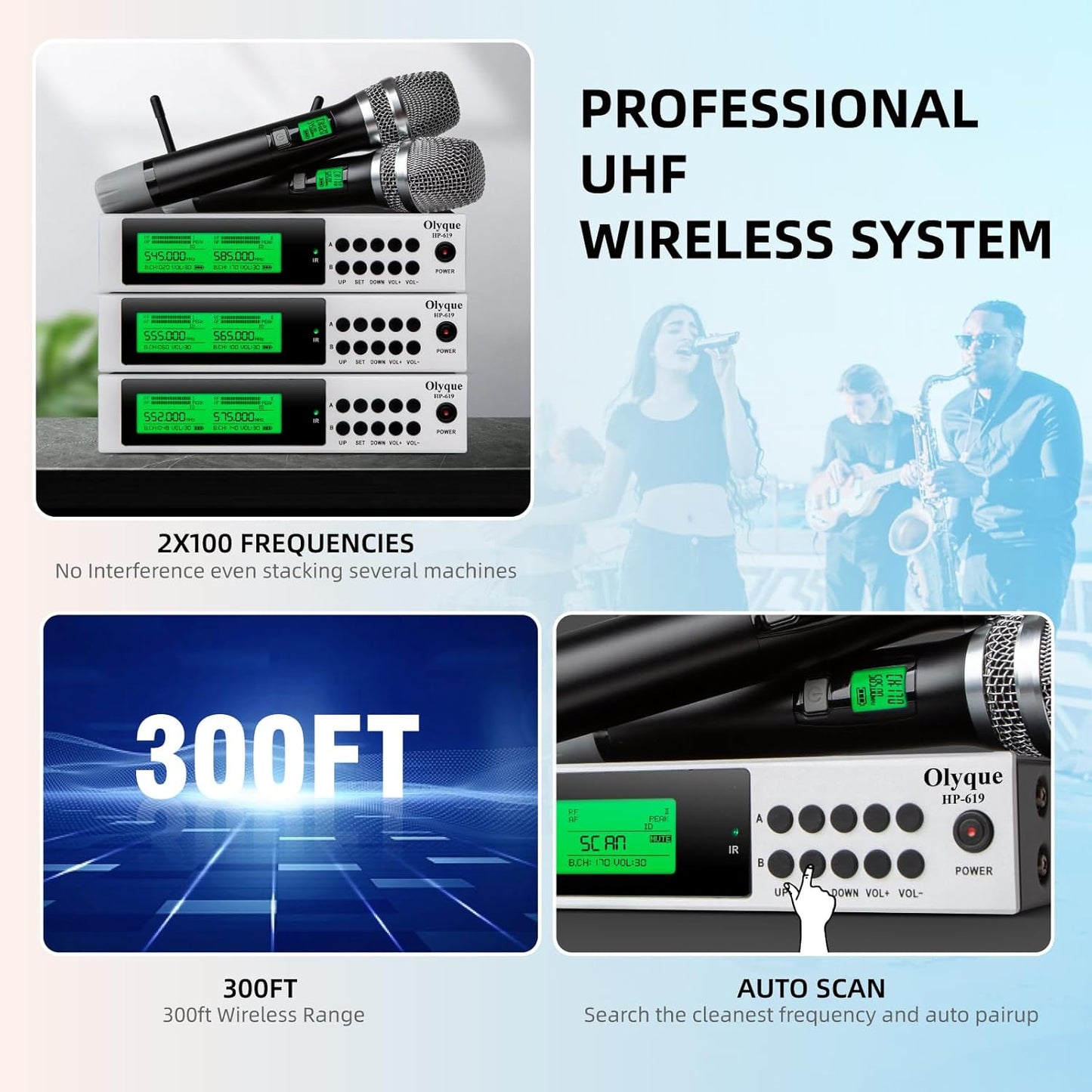 Olyque Wireless Microphones, All Metal Dynamic Professional UHF Dual Handheld Cordless Microphone, Auto Scan, 300ft for Parties, Events and Church(HP-619)