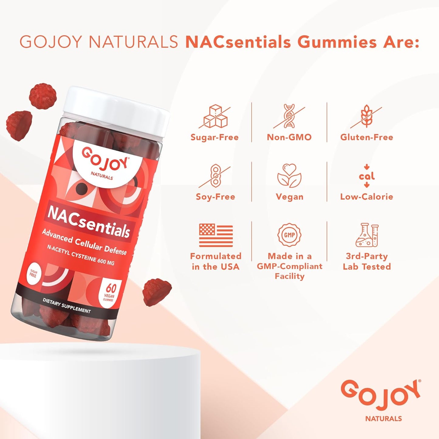 GOJOY 7-in-1 Sugar-Free NAC Gummies – NACsentials 600mg N-Acetyl Cysteine with Vitamin C, ALA, Quercetin & Astaxanthin – Antioxidant & Liver Detox Support – Vegan & Keto-Friendly – 60 Gummies