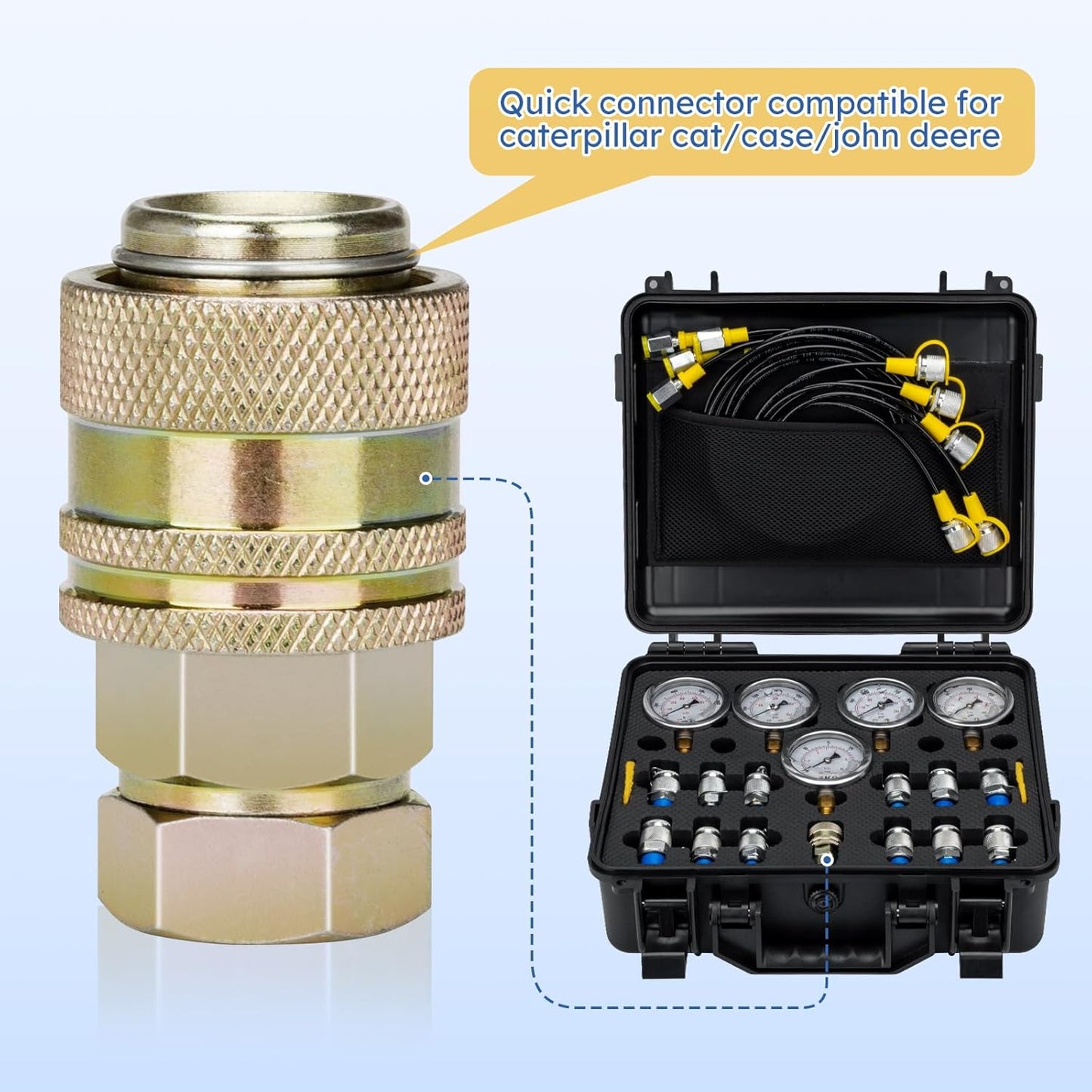 Hydraulic Pressure Test Kit, 5 Gauges (10/100/250/400/600bar) 60mpa 13 Test Couplings 14 Tee Connectors 5 Test Hoses w/Sturdy Portable Carrying Case for Excavator Construction Machinery